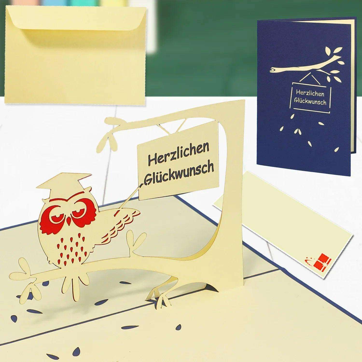 3D Pop-Up Karte Uhu mit Doktorhut, N26 - LINPopUp