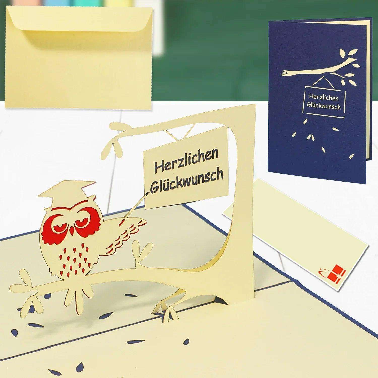 3D Pop-Up Karte Uhu mit Doktorhut, N26 - LINPopUp