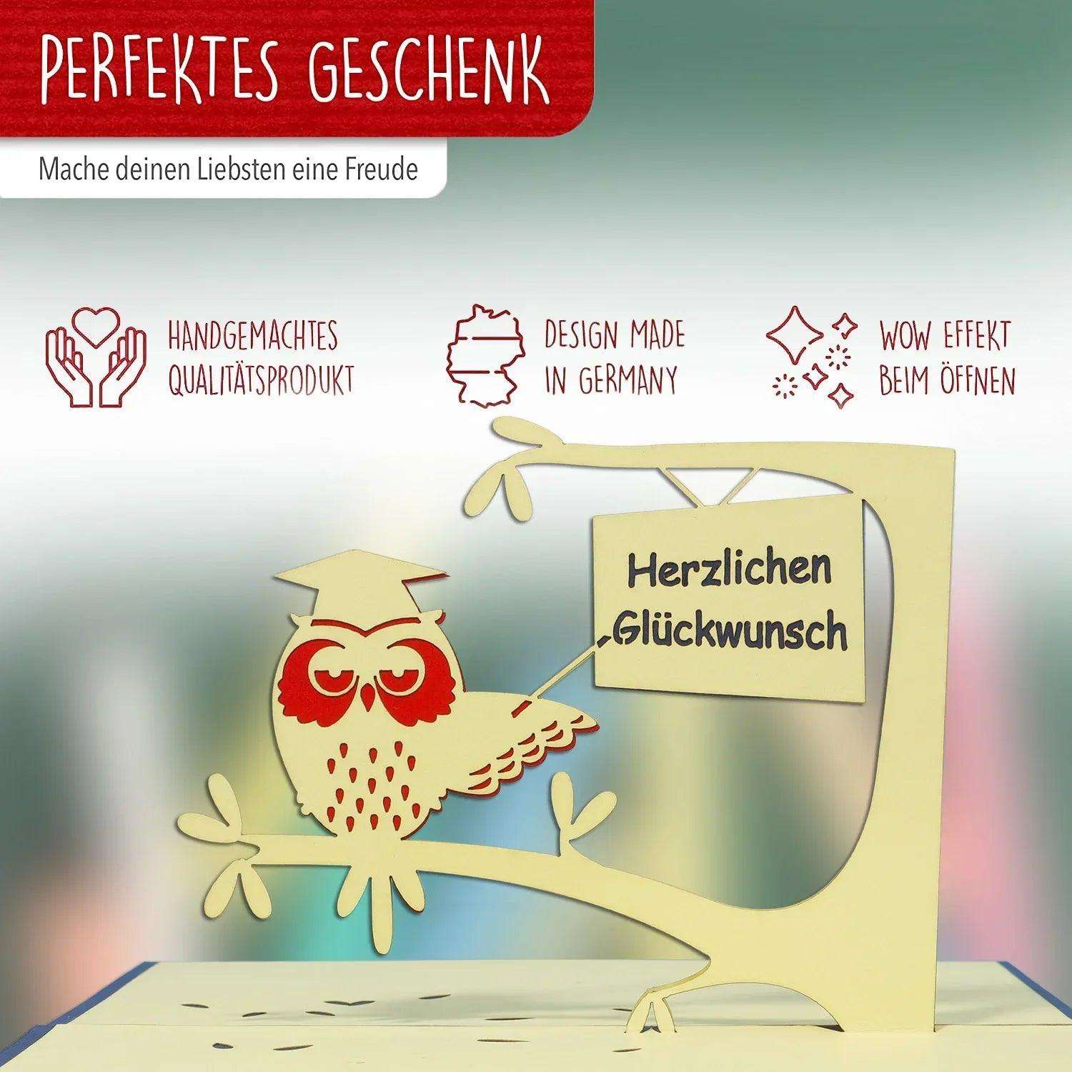 3D Pop-Up Karte Uhu mit Doktorhut, N26 - LINPopUp