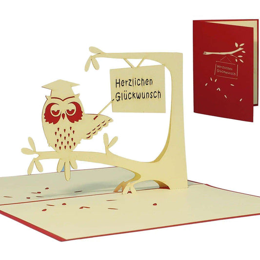3D Pop-Up Karte Uhu mit Doktorhut Rot, N27 - LINPopUp