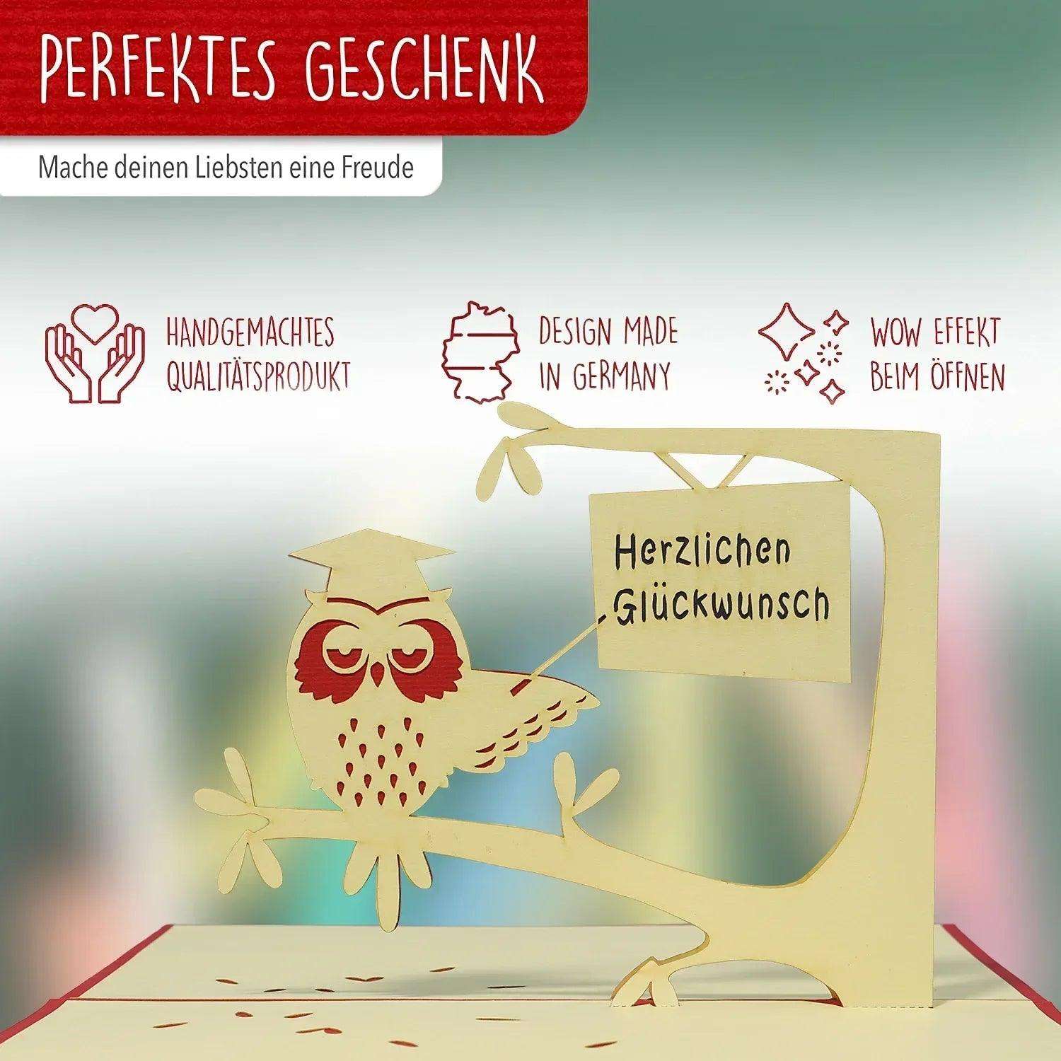 3D Pop-Up Karte Uhu mit Doktorhut Rot, N27 - LINPopUp