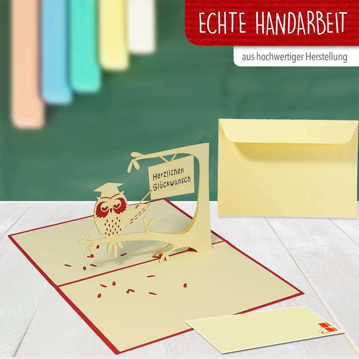 3D Pop-Up Karte Uhu mit Doktorhut Rot, N27 - LINPopUp