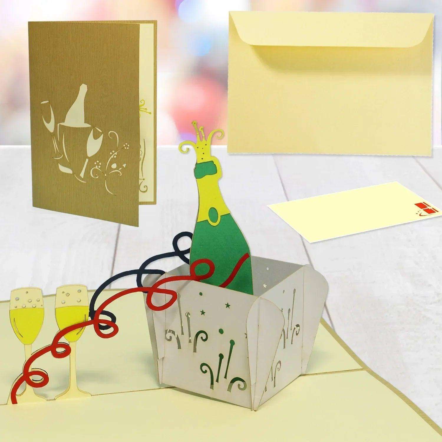 3D Pop-Up Karte Wein Champagner - Stilvolle Geschenkkarte für Geburtstag & Feiern, N133 LINPopUp N133