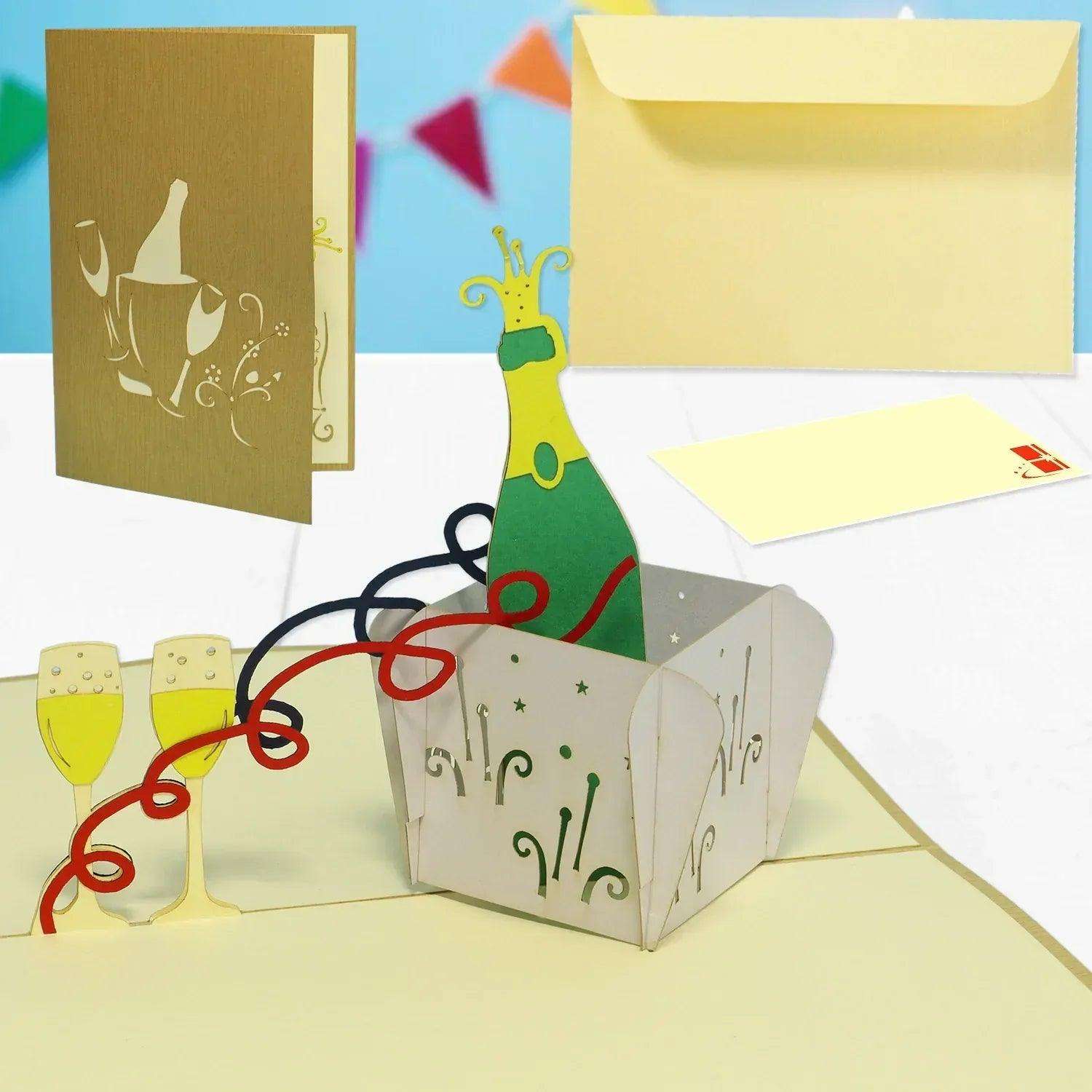 3D Pop-Up Karte Wein Champagner - Stilvolle Geschenkkarte für Geburtstag & Feiern, N133 LINPopUp N133