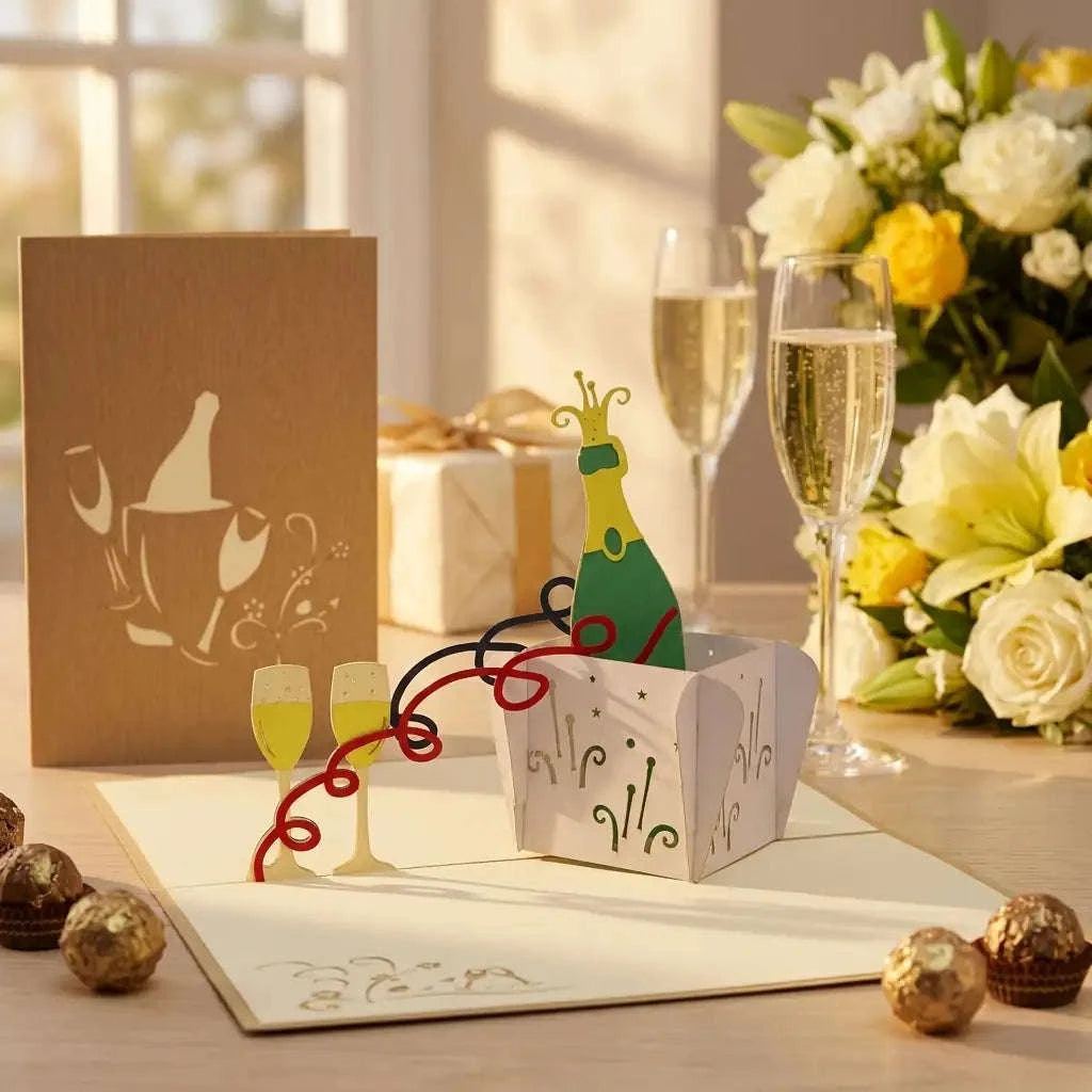 3D Pop-Up Karte Wein Champagner - Stilvolle Geschenkkarte für Geburtstag & Feiern, N133 LINPopUp N133