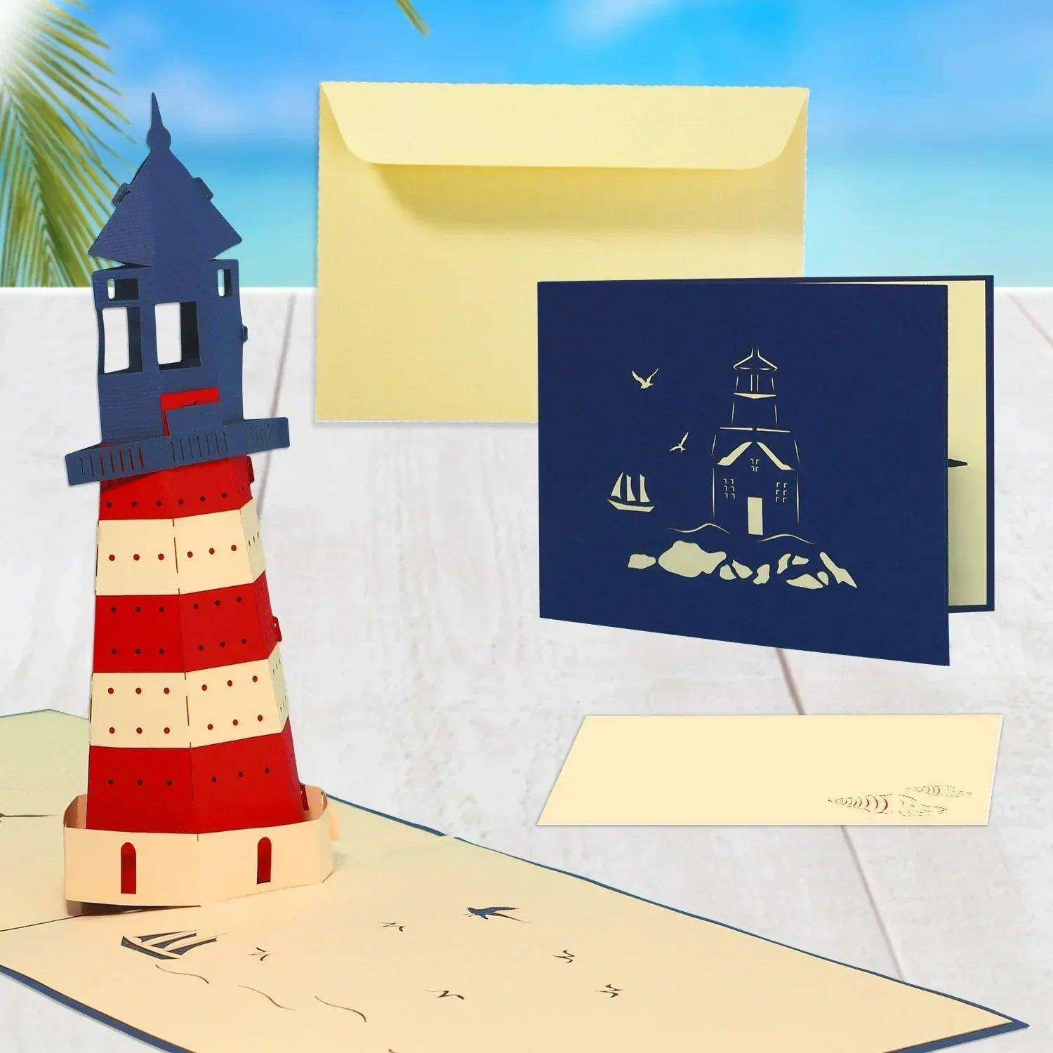 3D Pop-Up Karte, Strand, Urlaub & Entspannung, Leuchtturm, N119 LINPopUp N119