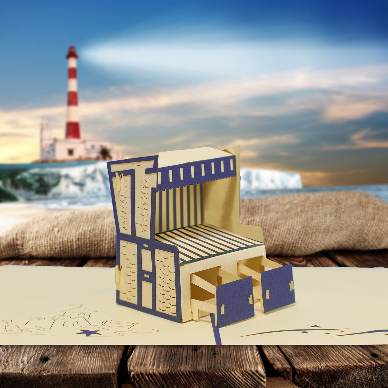 3D Pop-Up Karte, Strand, Urlaub & Entspannung, Strandkorb, N106