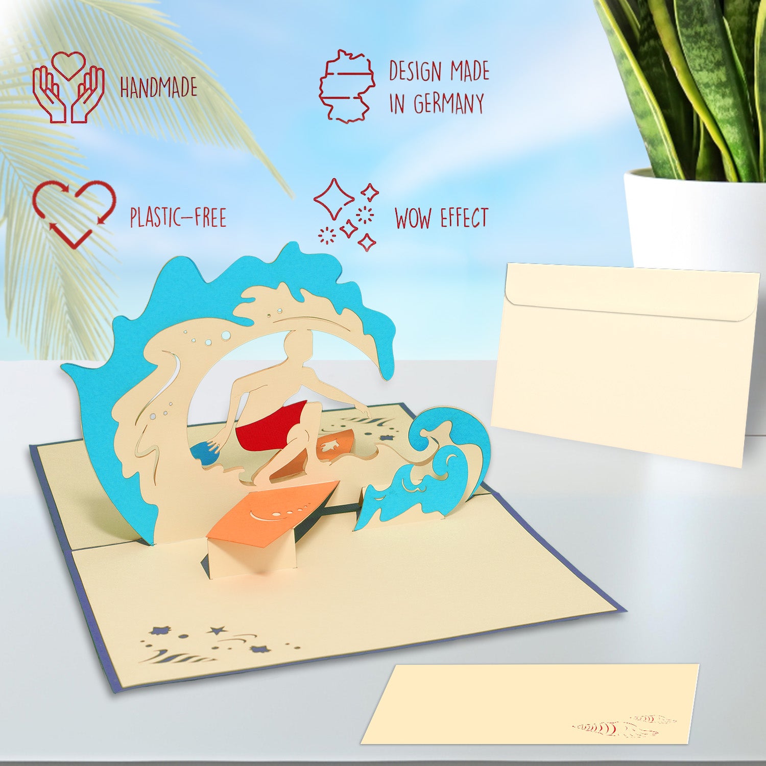 3D Pop-Up Karte, Strand, Urlaub & Entspannung, Surfen, N111