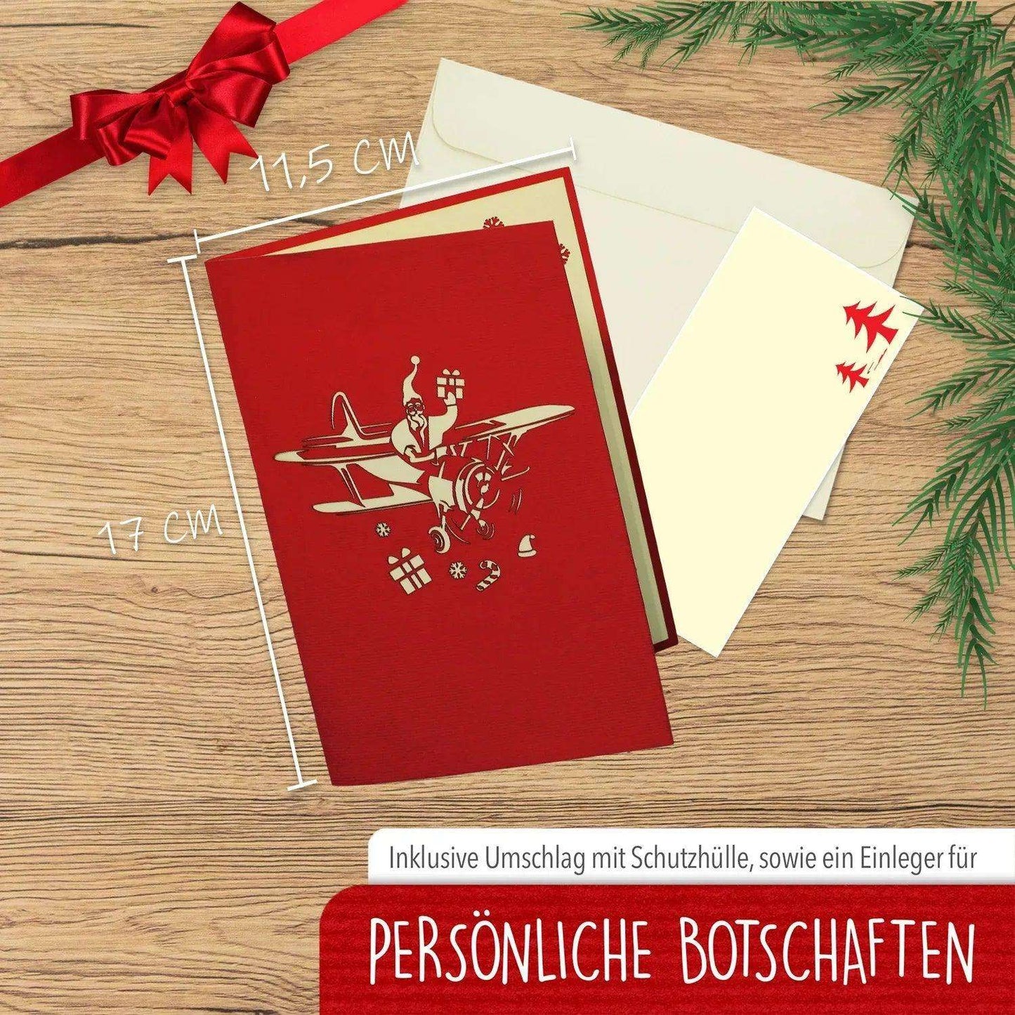 Pop Up Weihnachtskarte 3D - Nikolaus im Doppeldecker, Flugzeug, N455 - LINPopUp