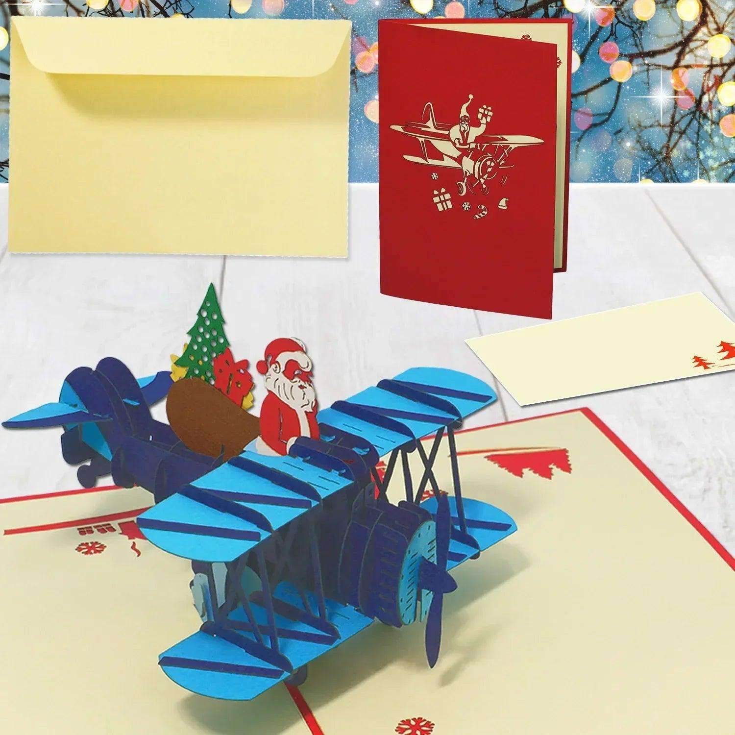 Pop Up Weihnachtskarte 3D - Nikolaus im Doppeldecker, Flugzeug, N455 LINPopUp N455