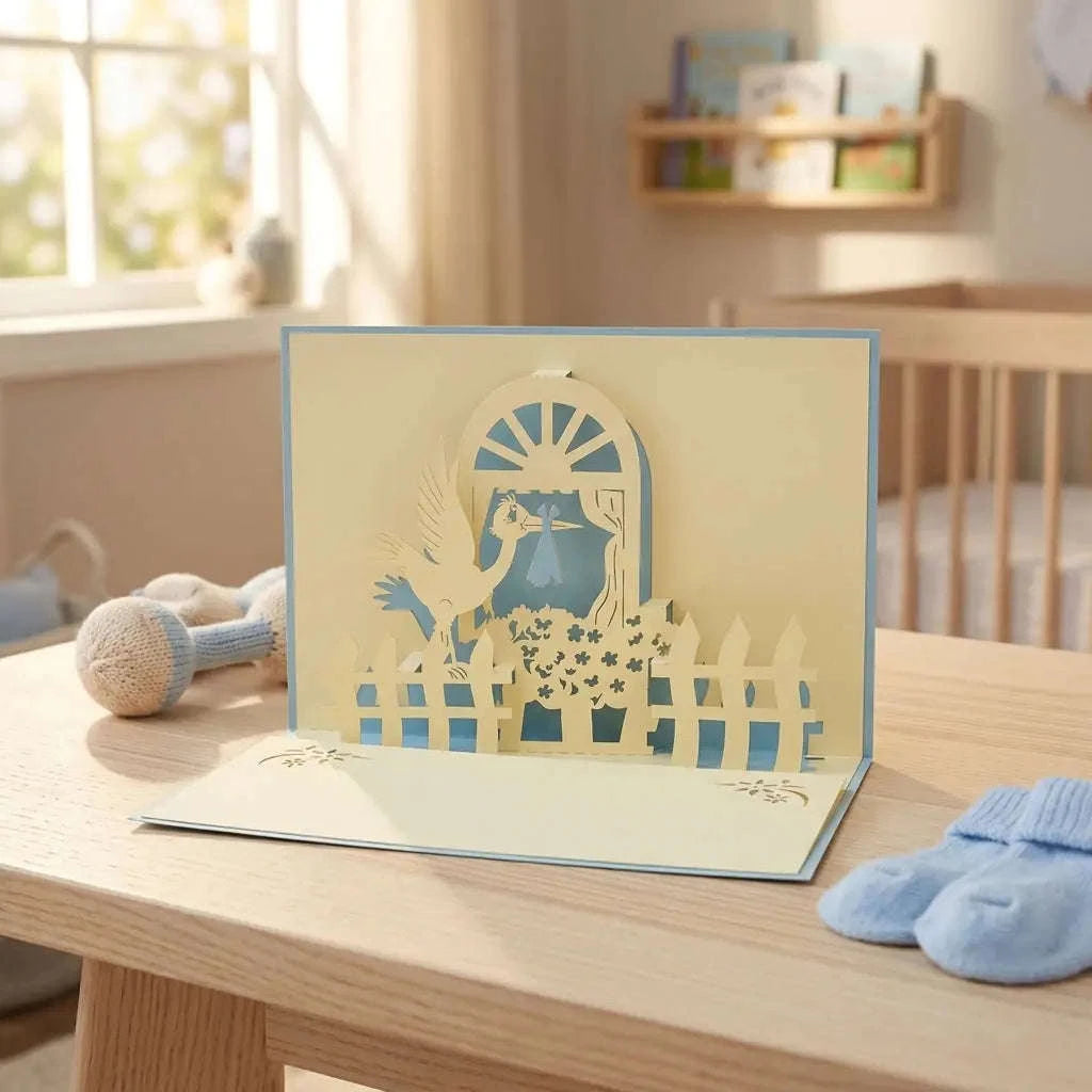 Pop-Up Karte 3D Storch Blau – zur Geburt eines Sohnes | LINPopUp LINPopUp 17330-N101