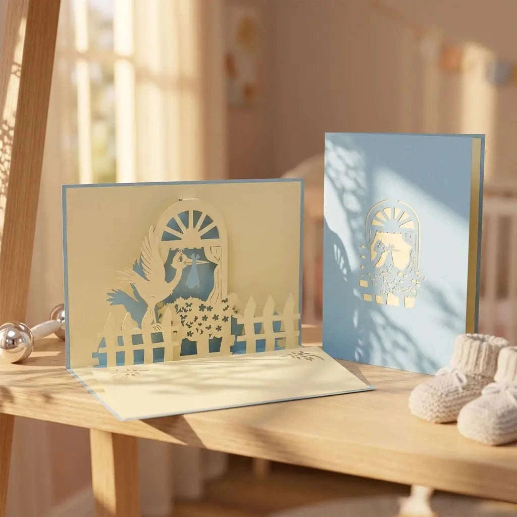 Pop-Up Karte 3D Storch Blau – zur Geburt eines Sohnes | LINPopUp LINPopUp 17330-N101