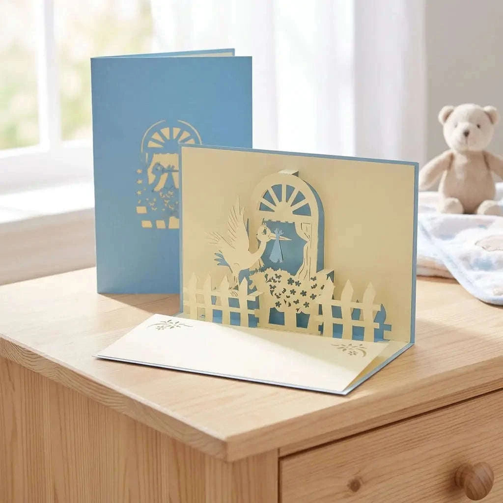 Pop-Up Karte 3D Storch Blau – zur Geburt eines Sohnes | LINPopUp LINPopUp 17330-N101