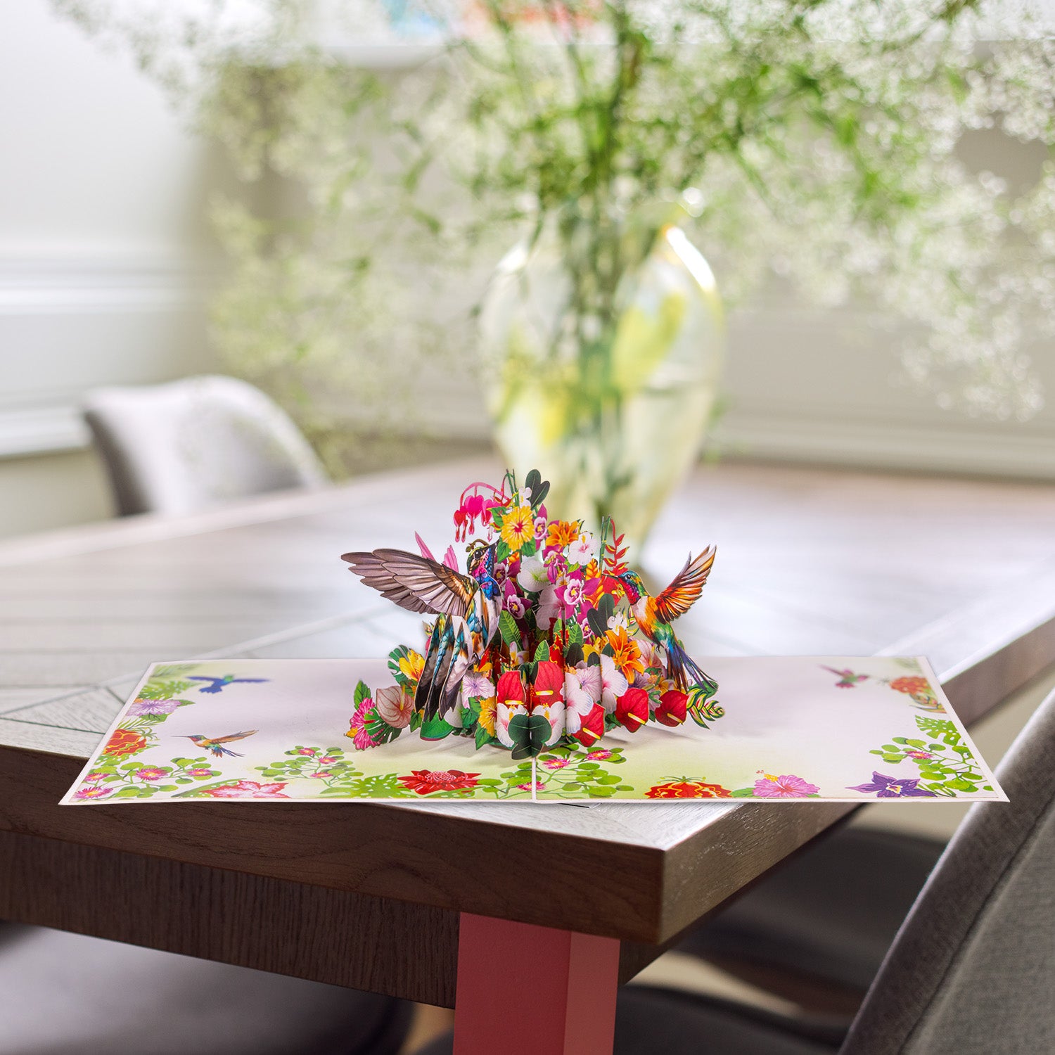 3D Pop-Up Blumenkarte mit Kolibri – Vogel & bunte Blumen, N72
