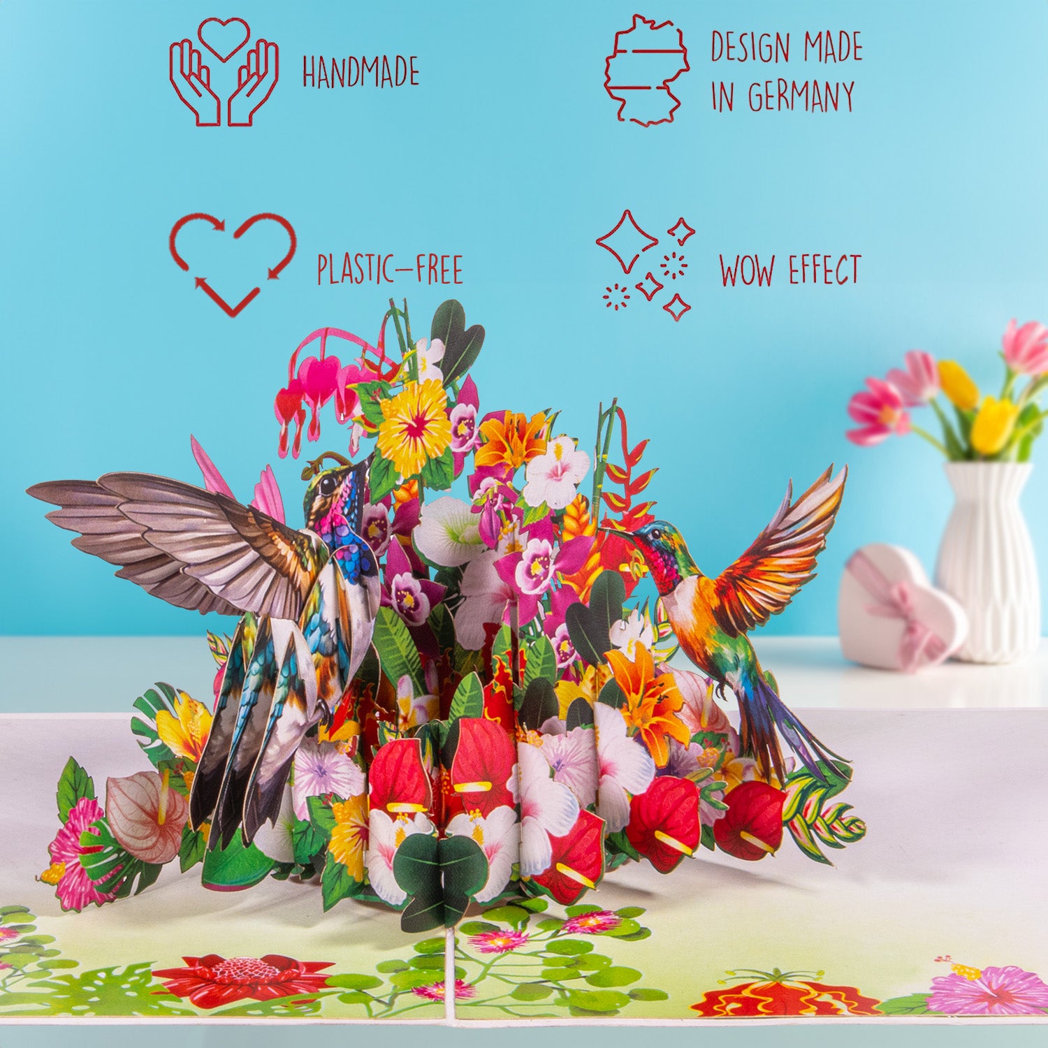 3D Pop-Up Blumenkarte mit Kolibri – Vogel & bunte Blumen, N72
