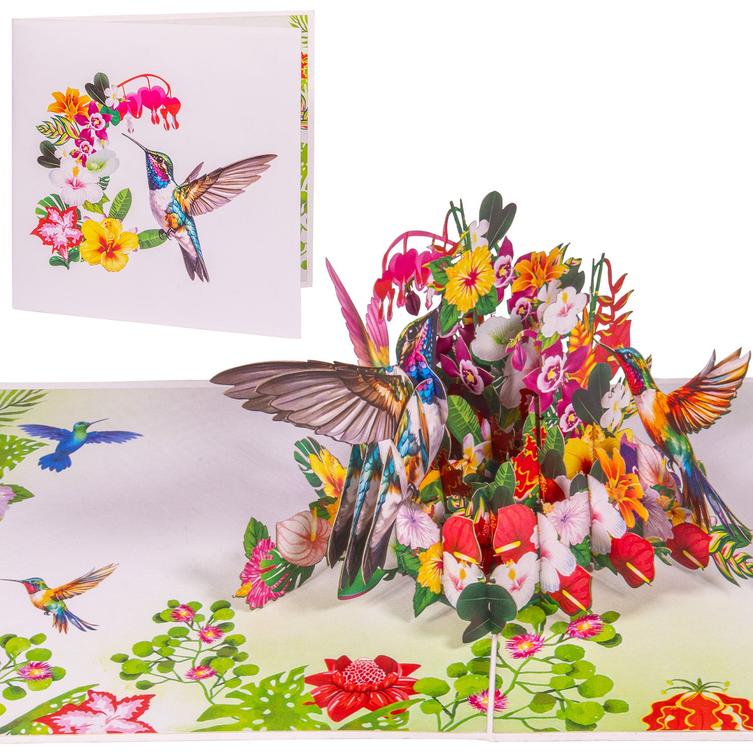 3D Pop-Up Blumenkarte mit Kolibri – Vogel & bunte Blumen, N72