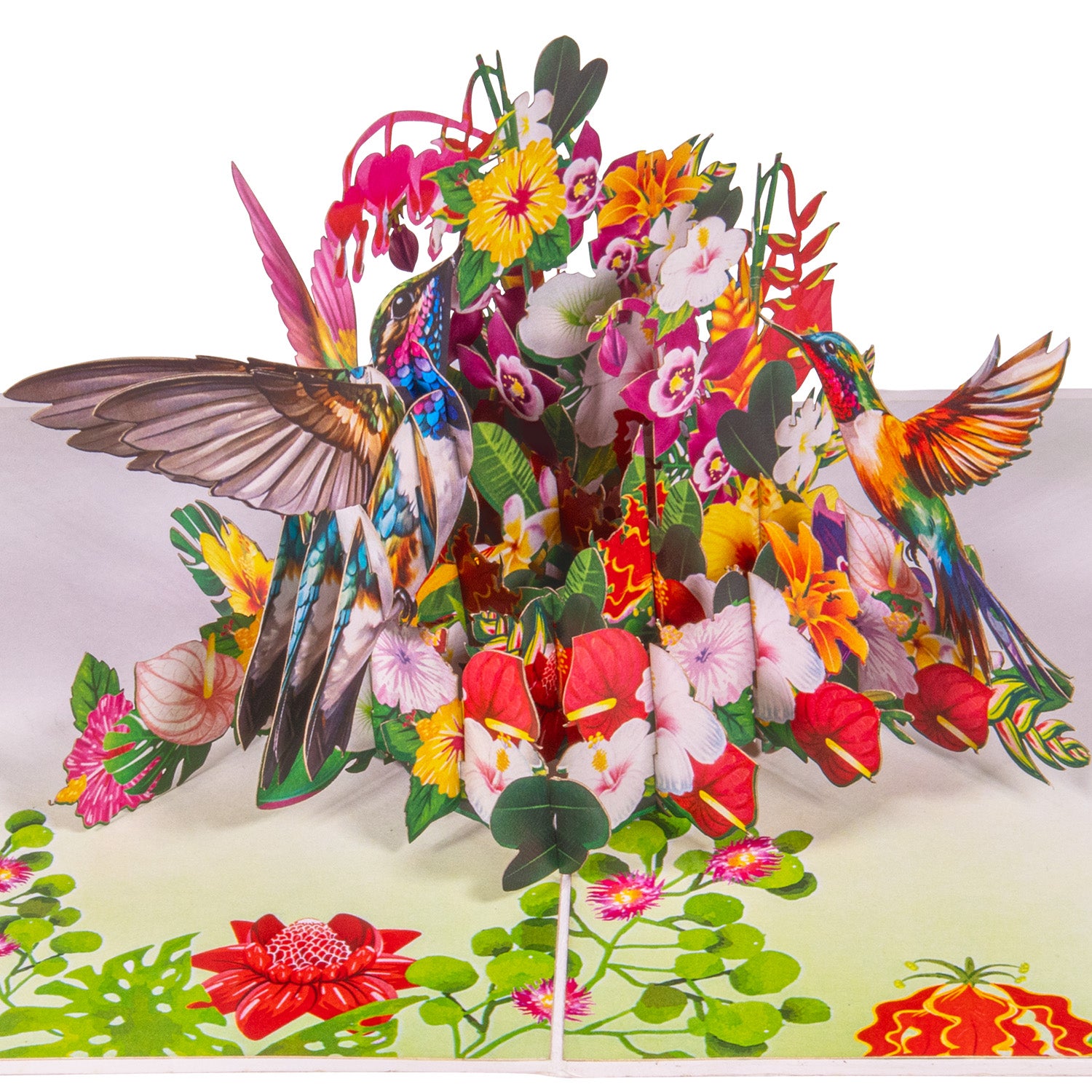 3D Pop-Up Blumenkarte mit Kolibri – Vogel & bunte Blumen, N72