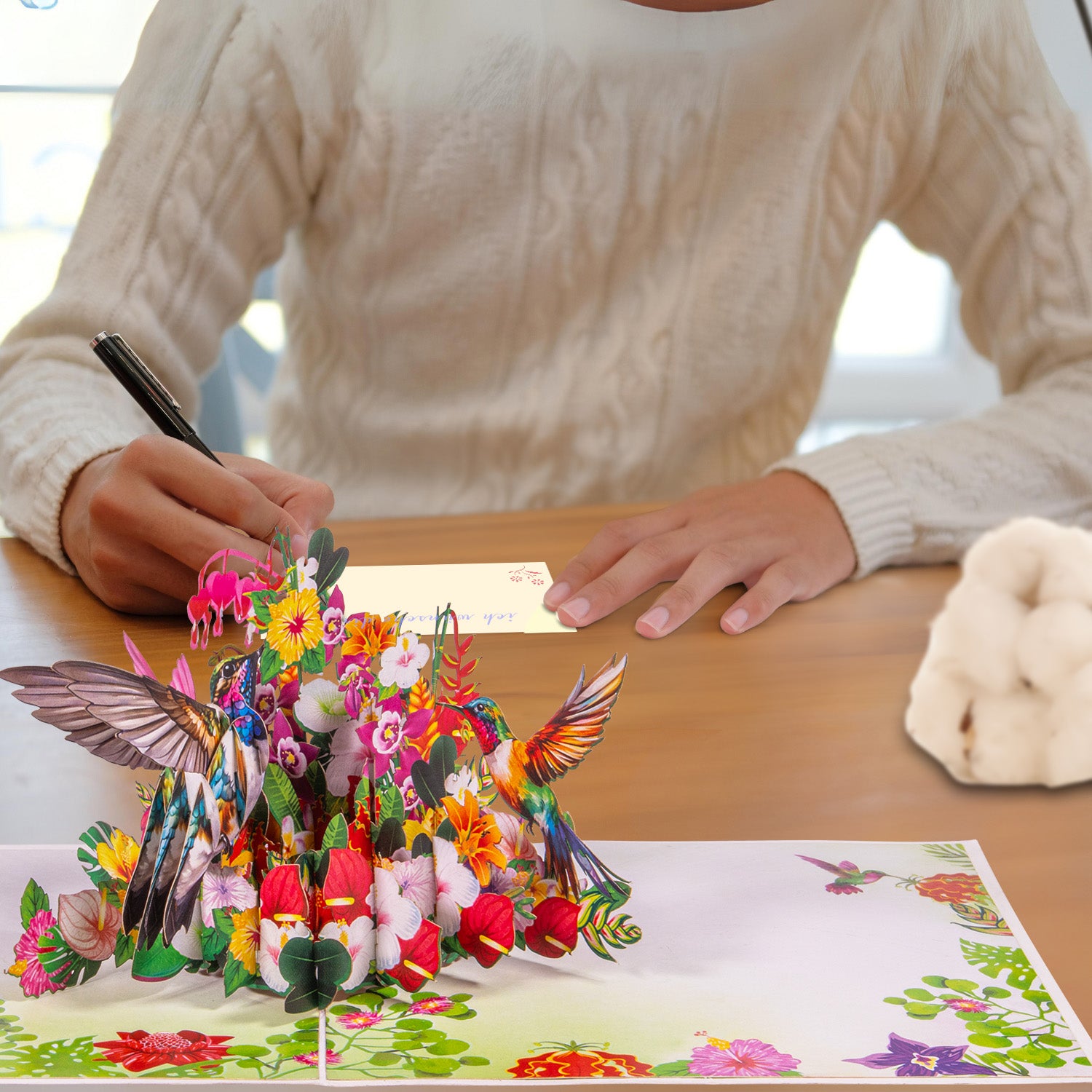 3D Pop-Up Blumenkarte mit Kolibri – Vogel & bunte Blumen, N72