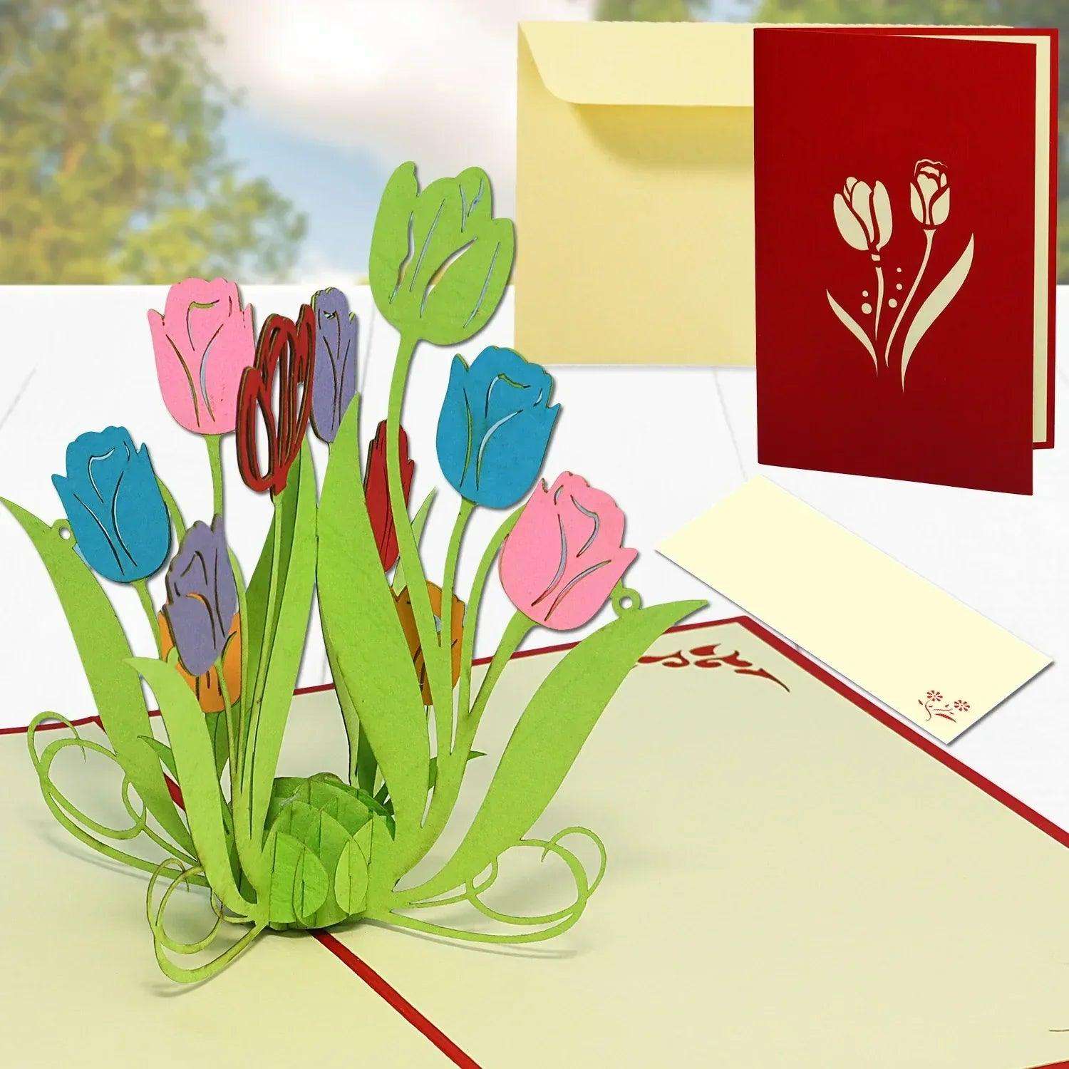 Pop Up Karte 3D Bunte Tulpen Blumen – Grußkarte Geburtstag & Muttertag - LINPopUp