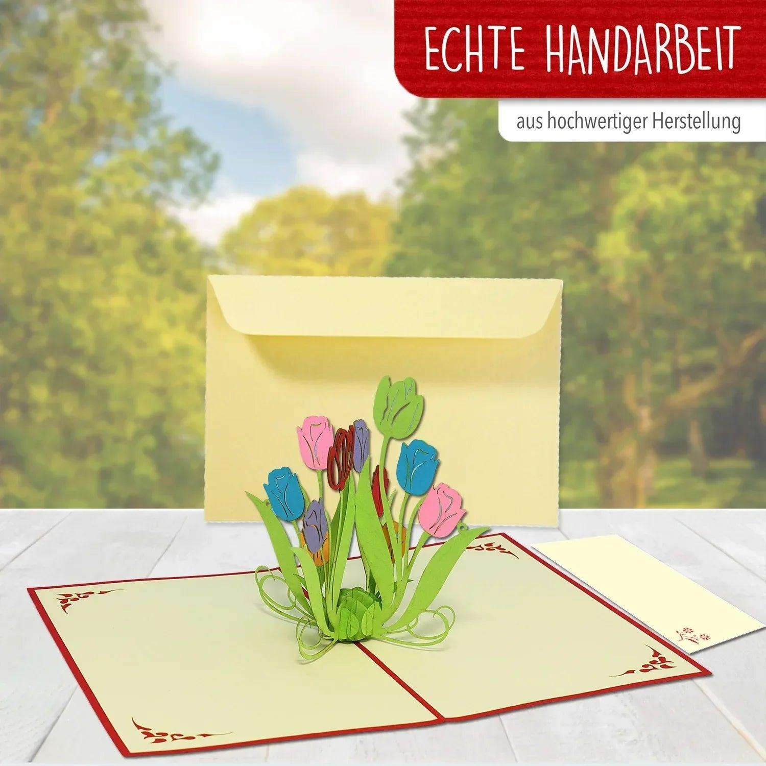 Pop Up Karte 3D Bunte Tulpen Blumen – Grußkarte Geburtstag & Muttertag - LINPopUp