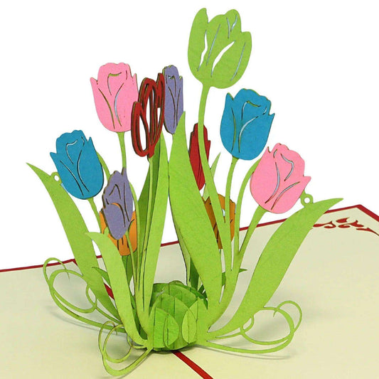 Pop Up Karte 3D Bunte Tulpen Blumen – Grußkarte Geburtstag & Muttertag - LINPopUp