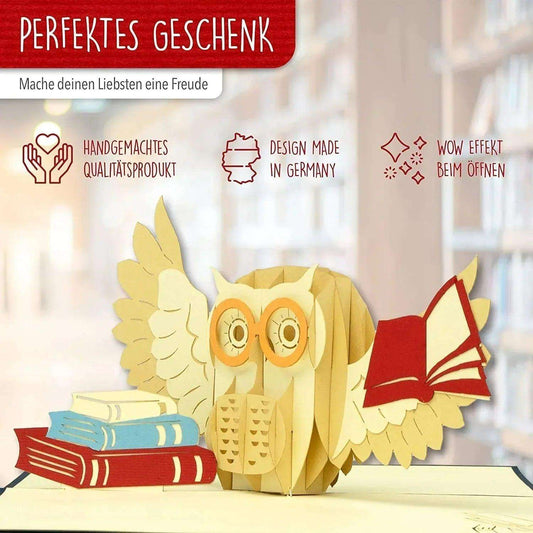 3D Pop-Up Karte Eule mit Buch Gutschein, N283 - LINPopUp