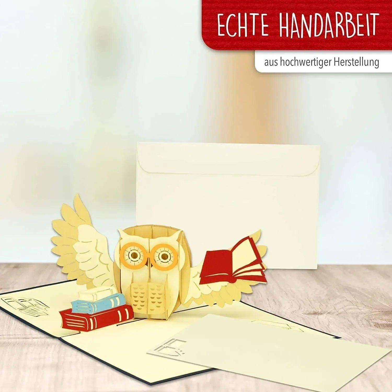 3D Pop-Up Karte Eule mit Buch Gutschein, N283 - LINPopUp