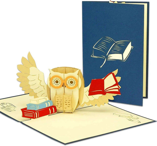 3D Pop-Up Karte Eule mit Buch Gutschein, N283 - LINPopUp