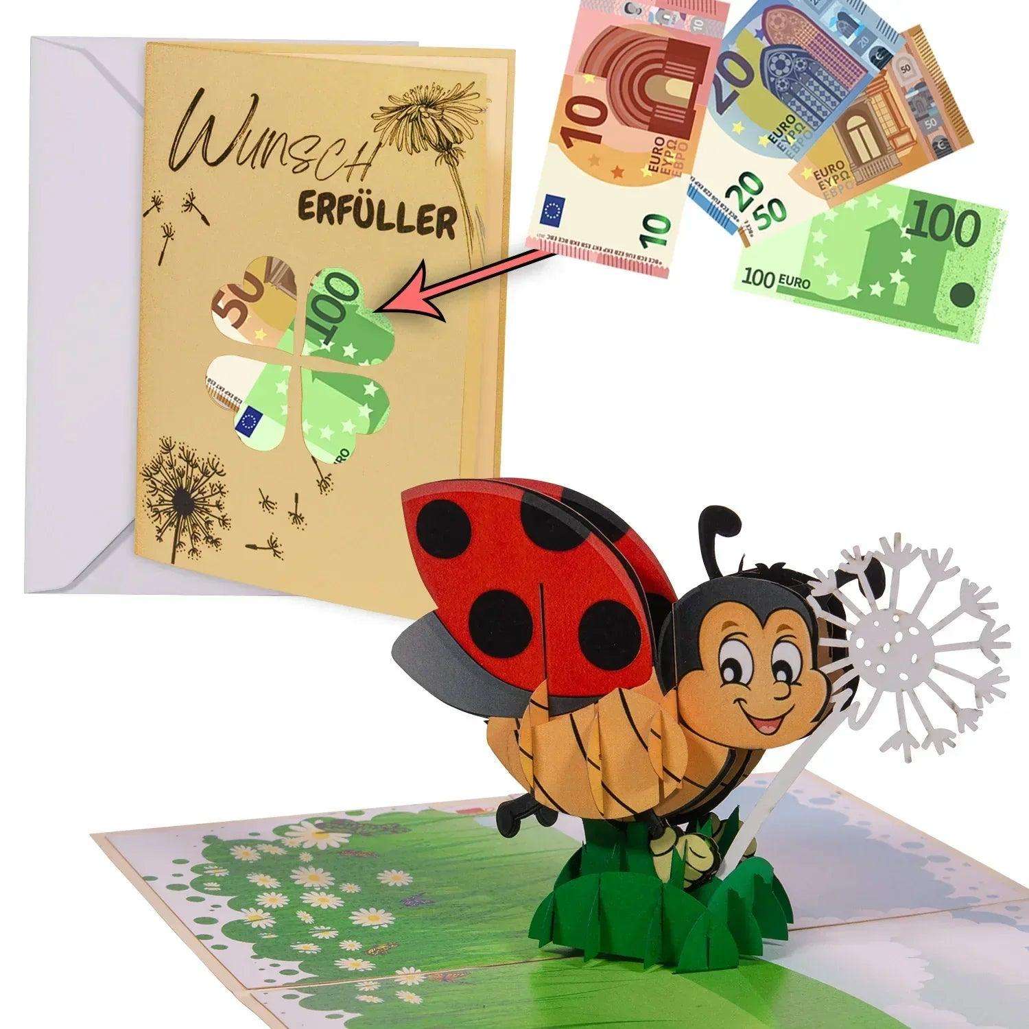 3D Pop - Up Karte mit Geldfach - Verpackung Geldgeschenk, Wunscherfüller, Marienkäfer, N161 LINPopUp N161