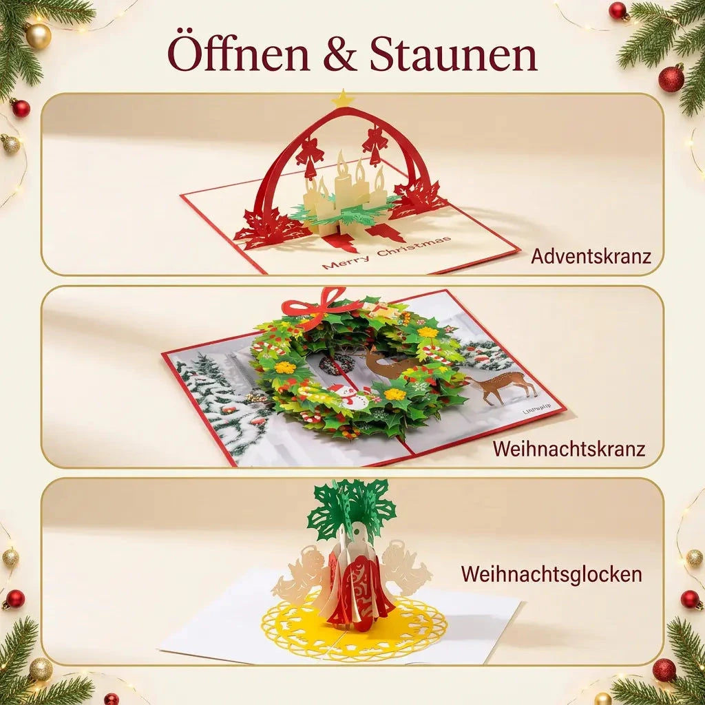 Drei Bildfelder zeigen Pop-Up-Karten mit Adventskerzen unter rotem Bogen, buntem Weihnachtskranz und festlichem Glockenmotiv
