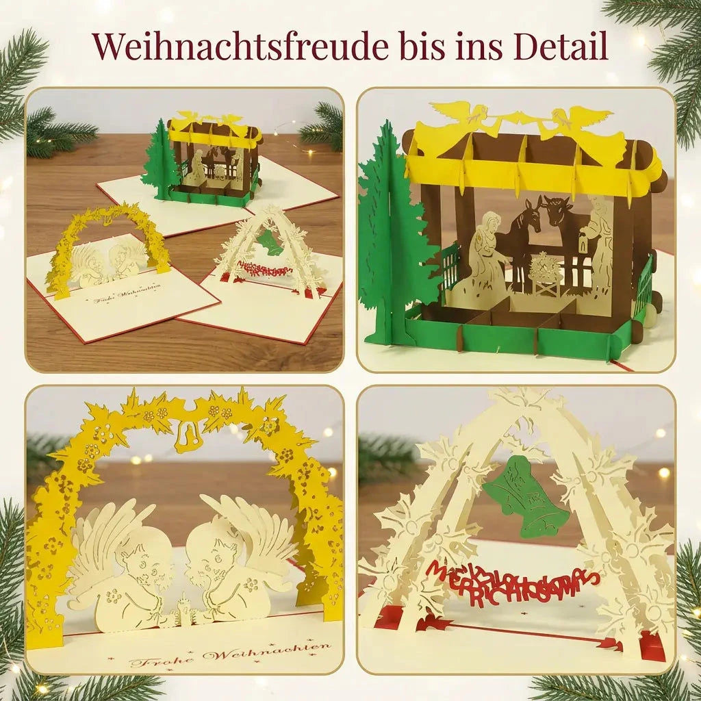 Detail-Collage des Weihnachtskarten-Sets mit Nahaufnahmen der Papierkrippe, der Engel unter gelbem Bogen und der grünen Glocken