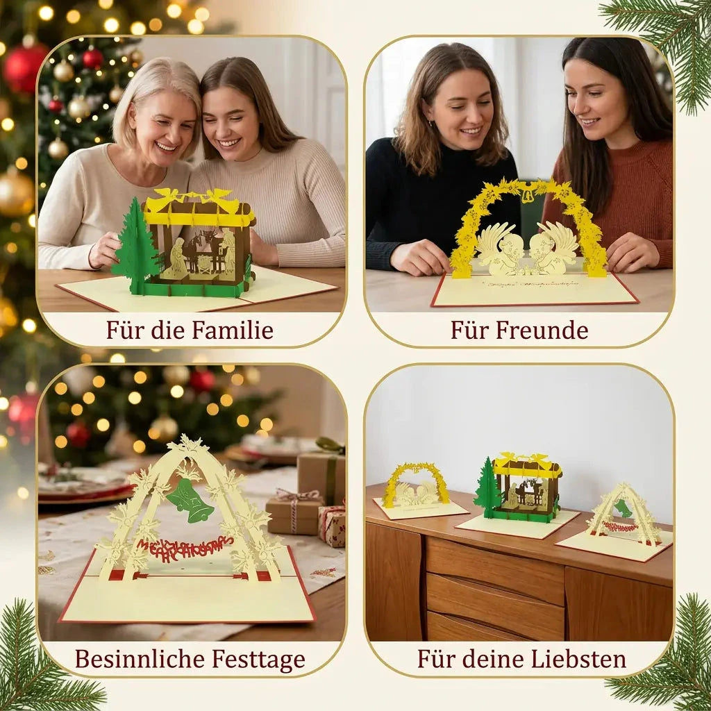 Pop-Up-Karten mit Weihnachtskrippe, Engeln und grünen Glocken in festlichen Szenen als Weihnachtsgrüße für Familie und Freunde