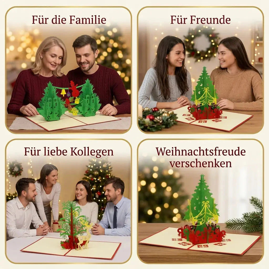 Tannenbaumfreude-Pop-Up-Karten in festlichen Geschenkszenen für Familie, Freunde und Kollegen mit warmen Weihnachtslichtern.