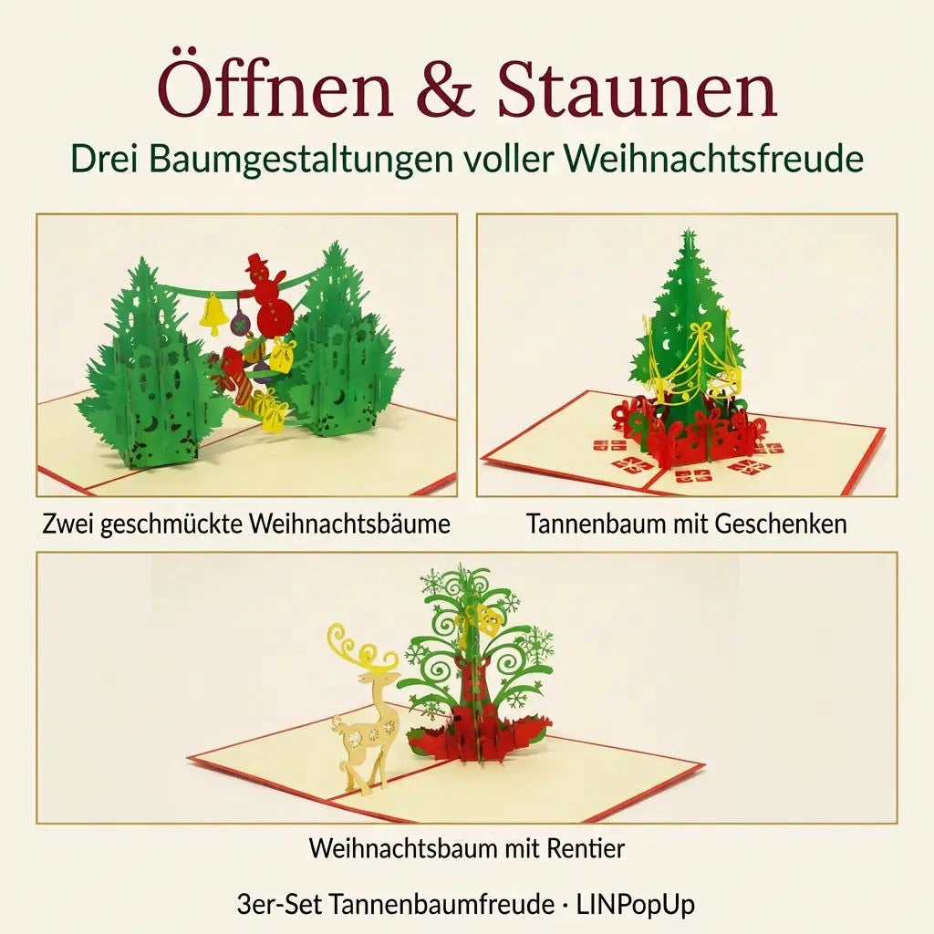 Drei geöffnete Pop-Up-Karten aus dem Set Tannenbaumfreude in goldgerahmten Bildfeldern unter „Öffnen & Staunen“.