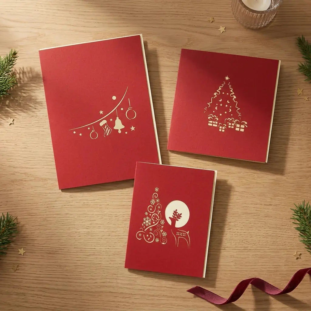 Drei geschlossene rote Weihnachtskarten des Sets Tannenbaumfreude, locker auf einem weihnachtlich dekorierten Holztisch angeordnet.