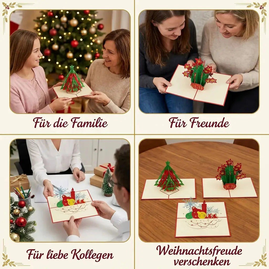 Weihnachtskarten mit Baum, Weihnachtsblumen und Kerzenmotiv in Geschenkszenen und einzeln auf einem Holztisch
