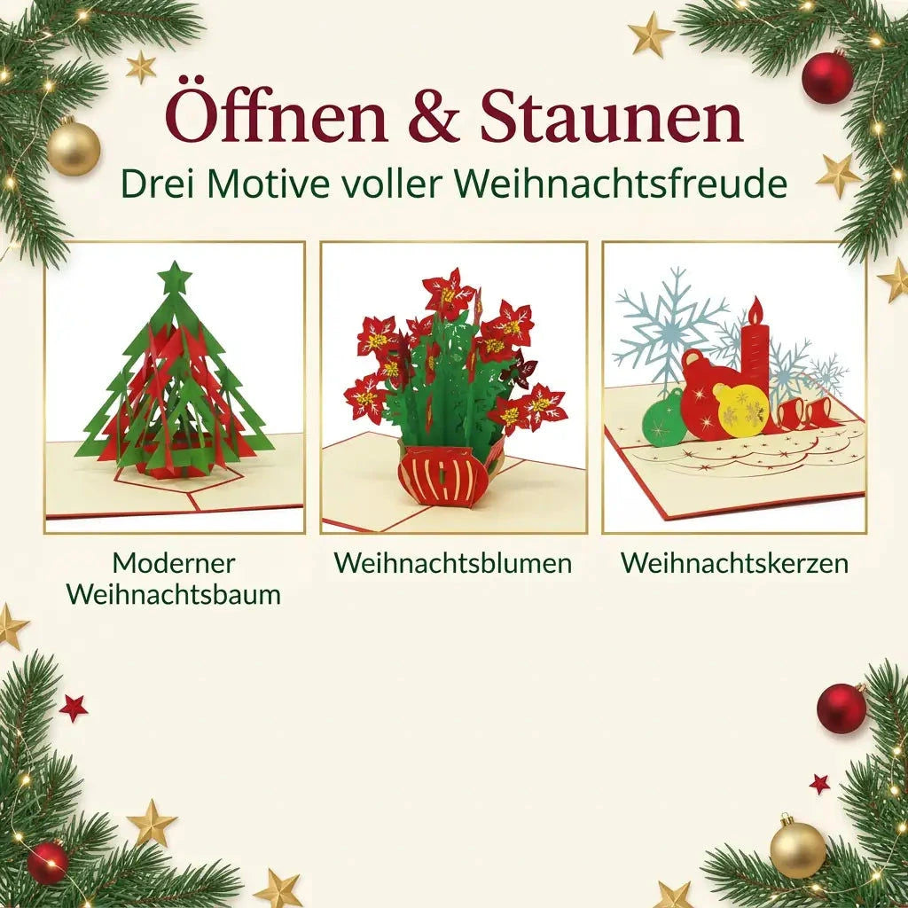 Drei Pop-Up-Weihnachtskarten mit modernem Baum, Weihnachtsblumen und Kerzenmotiv in getrennten Bildbereichen