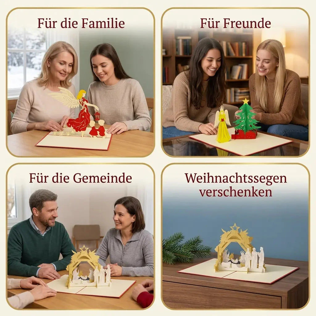 Pop-Up-Karten aus dem Set Weihnachtssegen in goldgerahmten Szenen für Familie, Freunde und die Gemeinde.