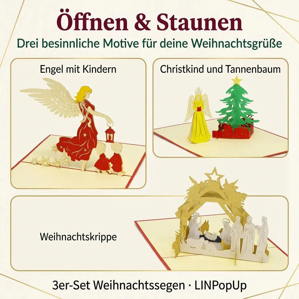 Engel mit Kindern, Christkind mit Tannenbaum und Weihnachtskrippe in drei Bildfeldern unter „Öffnen & Staunen“.