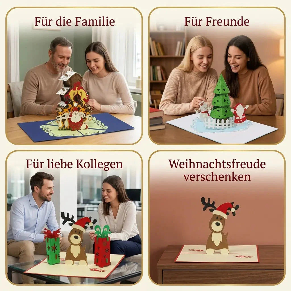 Pop-Up-Karten aus dem Set Weihnachtsvorfreude in goldgerahmten Geschenkszenen für Familie, Freunde und Kollegen