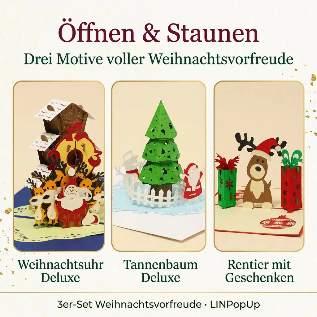 Weihnachtsuhr, Tannenbaum und Rentier mit Geschenken in drei Bildfeldern unter der Überschrift „Öffnen & Staunen