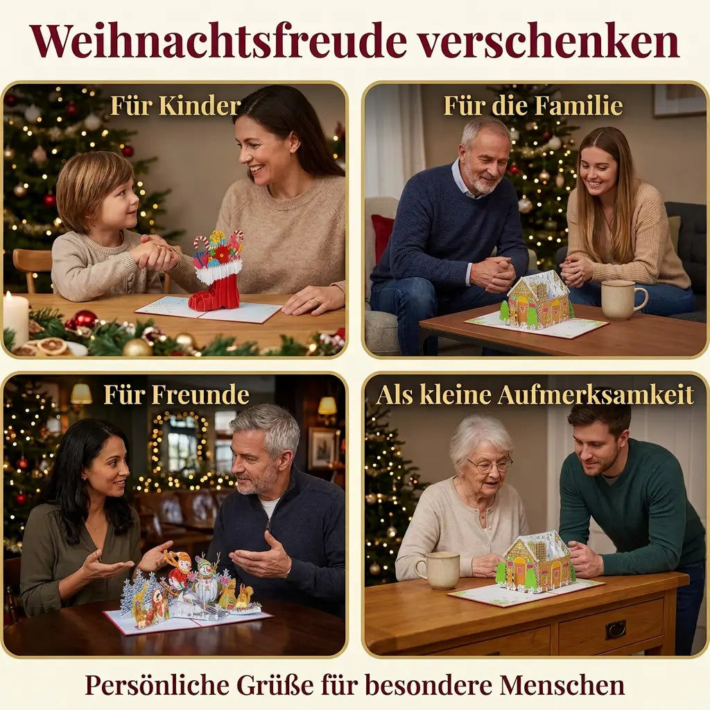 Vier weihnachtliche Geschenkszenen mit Nikolausstiefel-Karte für ein Kind sowie Lebkuchenhaus- und Schneemann-Karten für Familie und Freunde.