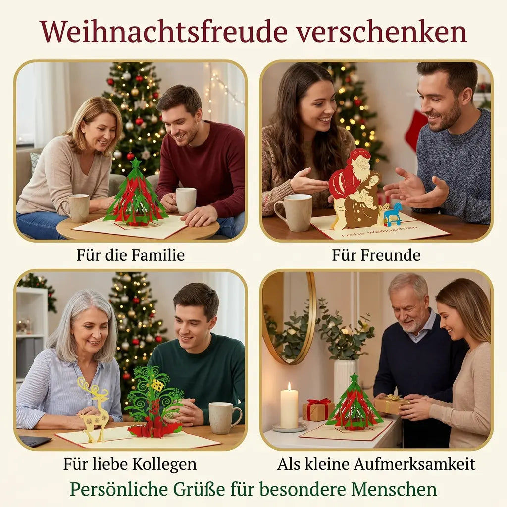 Vier weihnachtliche Szenen zeigen Menschen mit Pop-Up-Karten als persönliche Grüße für Familie, Freunde und Kollegen.