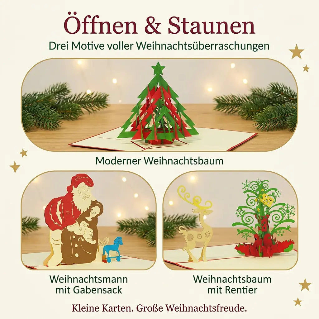 Drei Bildfelder zeigen die geöffneten Pop-Up-Karten mit modernem Weihnachtsbaum, Weihnachtsmann mit Gabensack und Weihnachtsbaum mit Rentier.