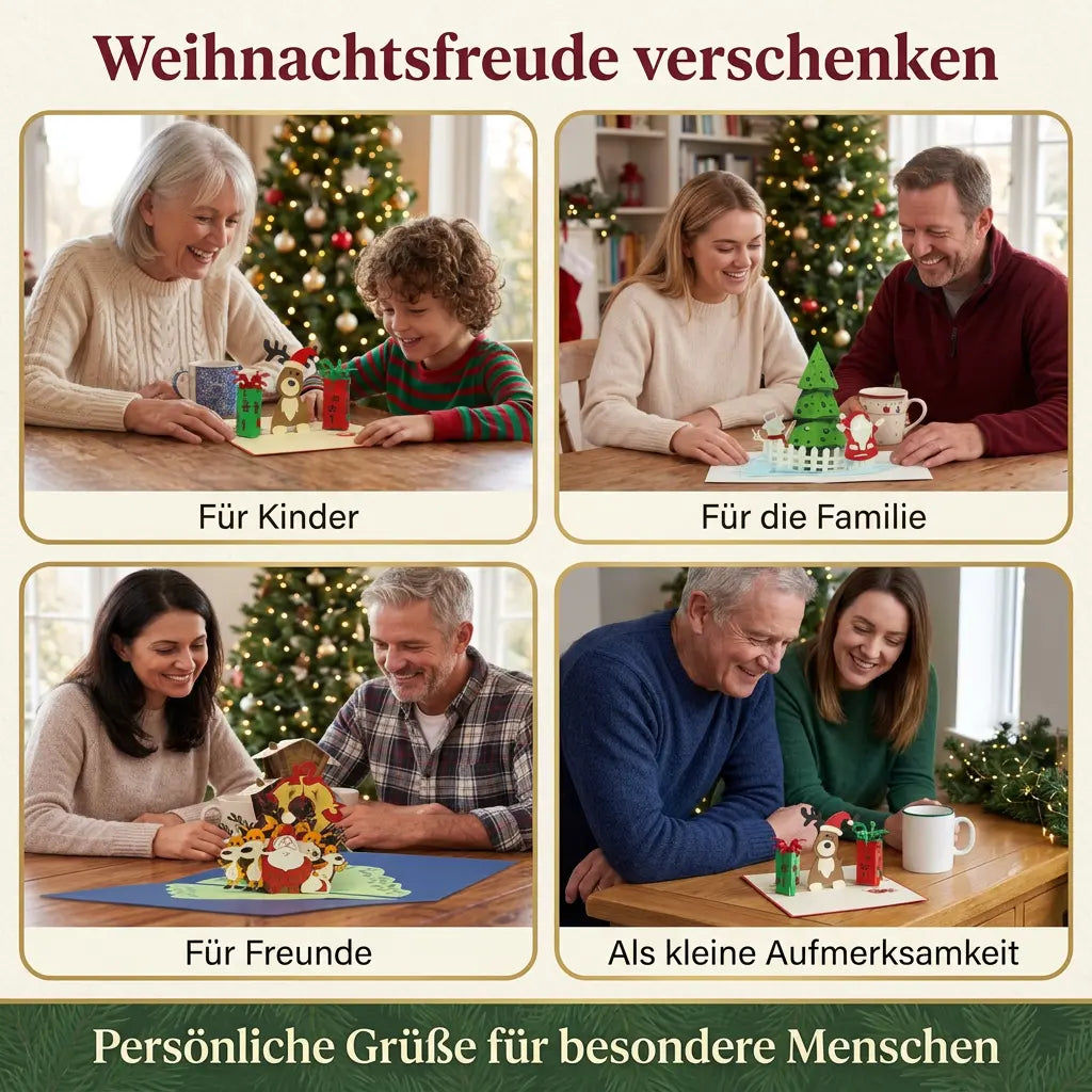 Vier weihnachtliche Geschenkszenen zeigen die Rentier-Karte für ein Kind sowie Deluxe-Tannenbaum und Weihnachtsuhr als persönliche Weihnachtsgrüße.
