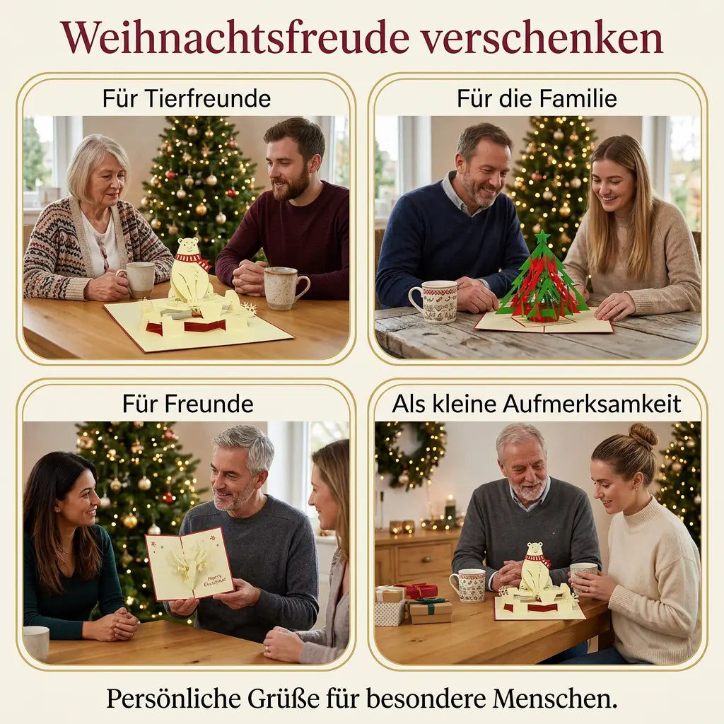 Vier weihnachtliche Szenen zeigen Eisbär-, Tannenbaum- und Rentier-Pop-Up-Karten als persönliche Geschenke für Tierfreunde, Familie und Freunde