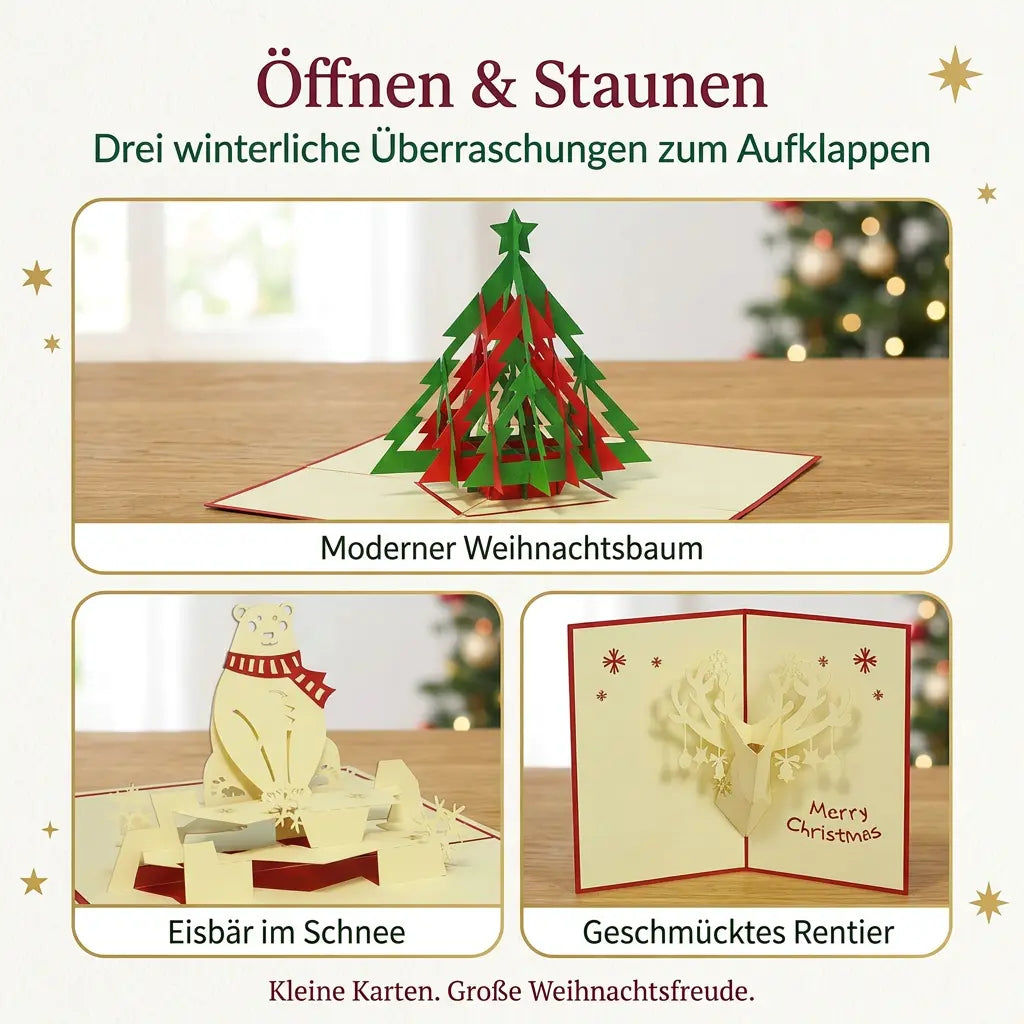 Drei Bildfelder zeigen die geöffneten Pop-Up-Karten mit rot-grünem Tannenbaum, Eisbär mit rotem Schal und geschmücktem Rentierkopf in einer aufrechten Karte.