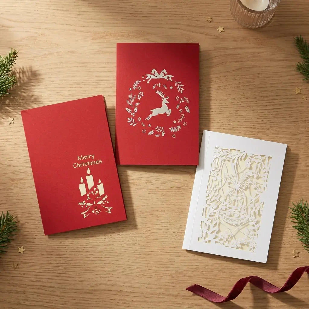 Drei geschlossene Weihnachtskarten mit Kerzenmotiv, Rentier im Kranz und filigranen weißen Ausschnitten auf einem weihnachtlich dekorierten Holztisch.
