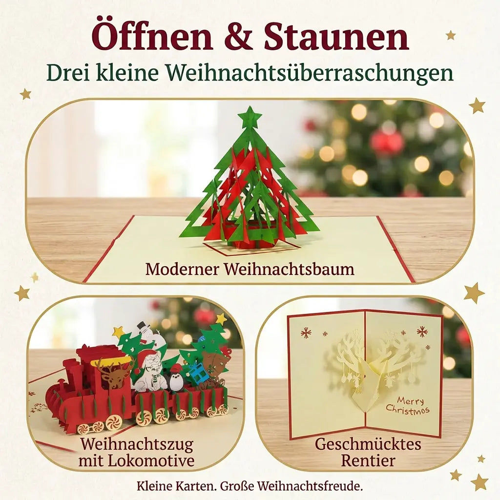 Drei geöffnete Pop-Up-Weihnachtskarten mit modernem Tannenbaum, Weihnachtszug und geschmücktem Rentier in goldgerahmten Bildfeldern.