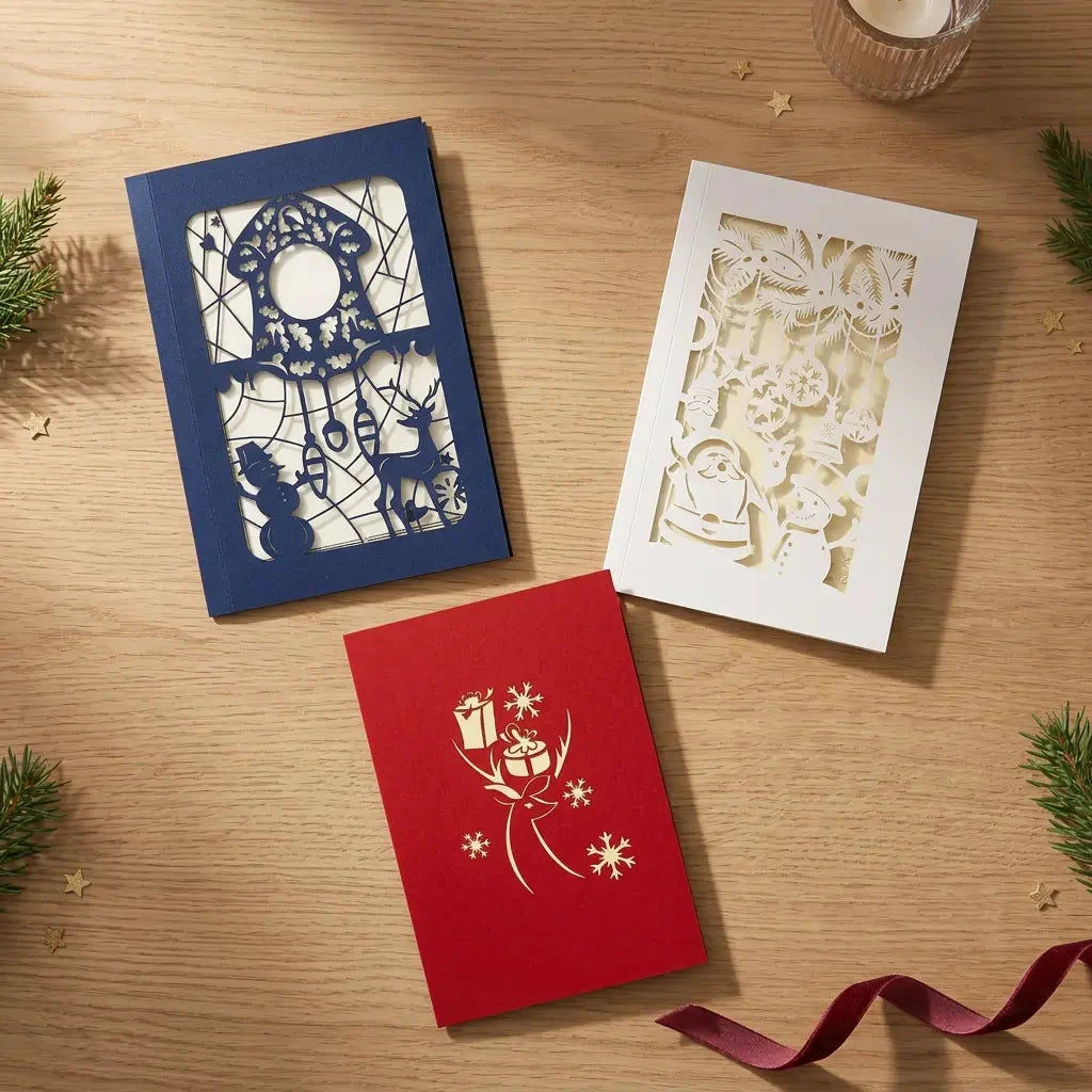 Drei geschlossene Weihnachtskarten mit filigraner Uhr, weißen Weihnachtsmotiven und Rentier mit Geschenken auf einem Holztisch.